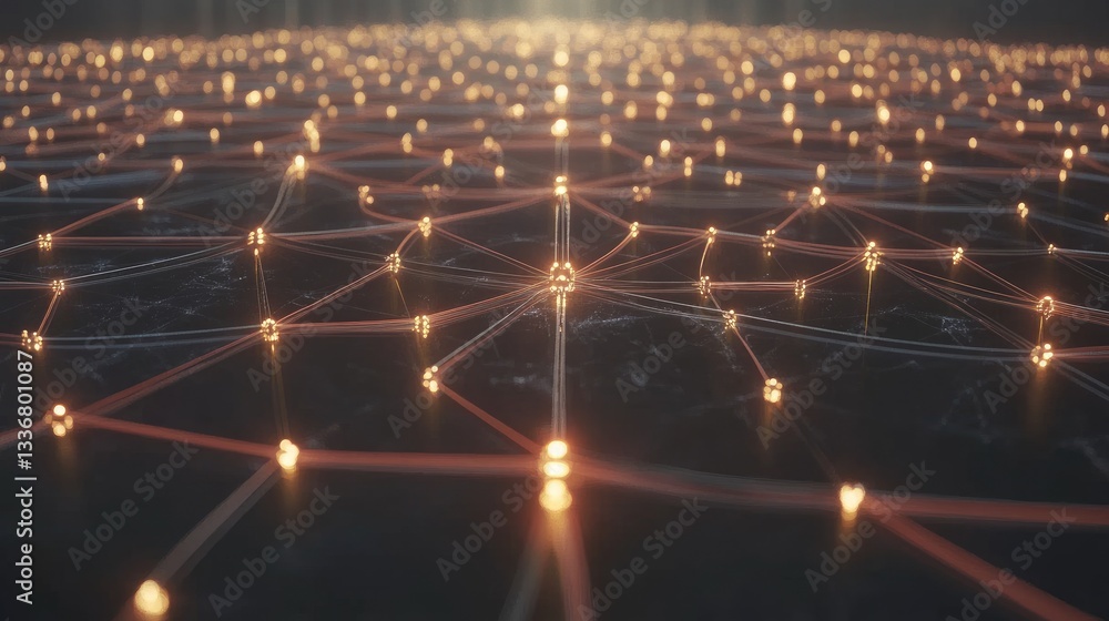 Poster ai-driven technology network with interconnected nodes and digital analytics.