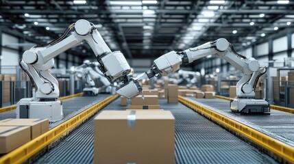 AI-driven robotic packaging line efficiently handling product assembly.