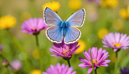 Beautiful Adonis Blue butterfly resting on vibrant flowers, natural beauty