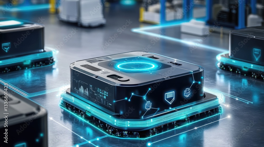 Poster ai-enhanced robotic sorting system in an intelligent logistics warehouse.