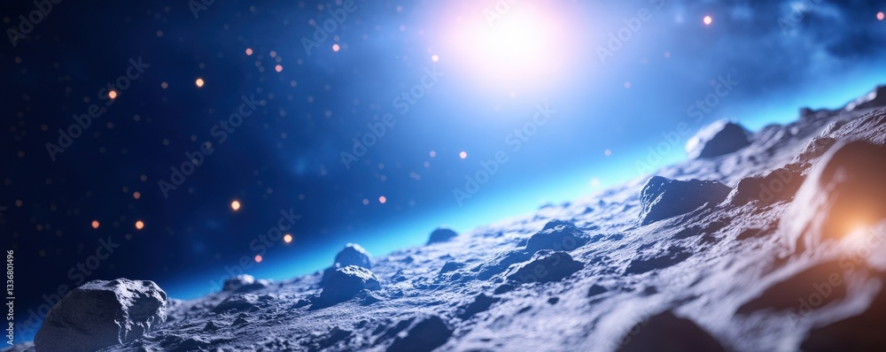 Poster a stunning view of space showcasing a celestial body illuminated by distant stars and a radiant ligh