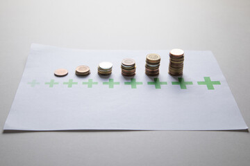 Stack of coins with a growing plus signs.