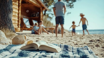 A relaxing beach scene with a book on a towel and children playing nearby
