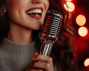 Woman Singing Into Retro Microphone