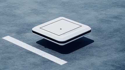 Futuristic, square, hovering device on a gray surface