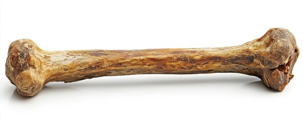 Single, clean, light brown animal bone isolated on white.