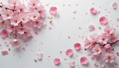 Obraz premium Cherry blossom petals nature floral arrangement soft light top-down view serenity