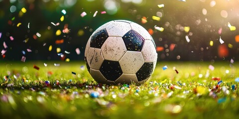 Fototapeta premium A soccer ball is on a field with confetti scattered around it