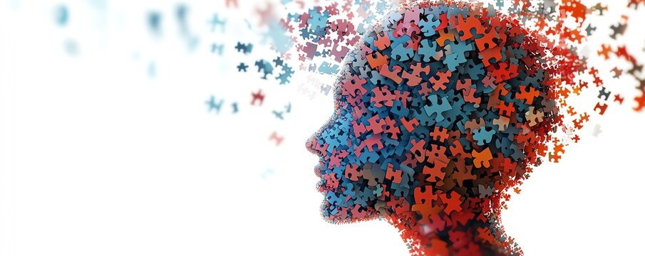 Human head silhouette in profile, filled with interconnected jigsaw puzzle pieces, representing the complexity of brain function and problemsolving, highly detailed