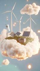 Renewable energy concept with wind turbines and solar panels on floating island