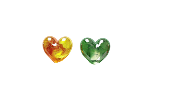 Two glowing resin hearts on transparent background representing love and affection