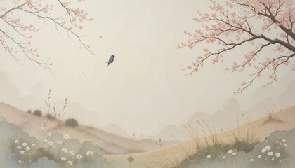 Bird flying over misty landscape nature scene digital art serene environment wide view