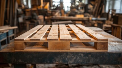 Freshly manufactured wooden pallet showcases craftsmanship and utility