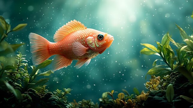 Mesmerizing school of pearl gouramis swimming gracefully in a soft lit aquarium their pearlescent bodies glimmering with a captivating iridescent glow