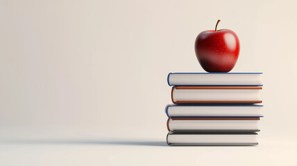 Illustration poster for National Teacher’s Day. A stack of books with a shiny apple on top, placed against a clean white background