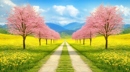 Fototapeta premium A picturesque path winds through a field of flowers, flanked by blossoming trees under a vibrant sky
