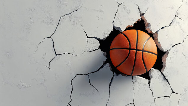 Basketball breaking through cracked white wall depicting power and strength