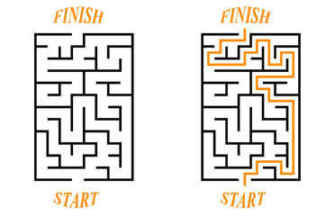 Vector vertical rectangular labyrinth with entry and exit. Difficulty level - easy. Children logic game. Not hard riddle solated on white background for kids and parents with solution