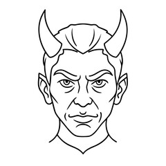 a stern illustration of a human face with horns and an intense expression, perfect for adding a touch of mystery or a bit of a dark element.