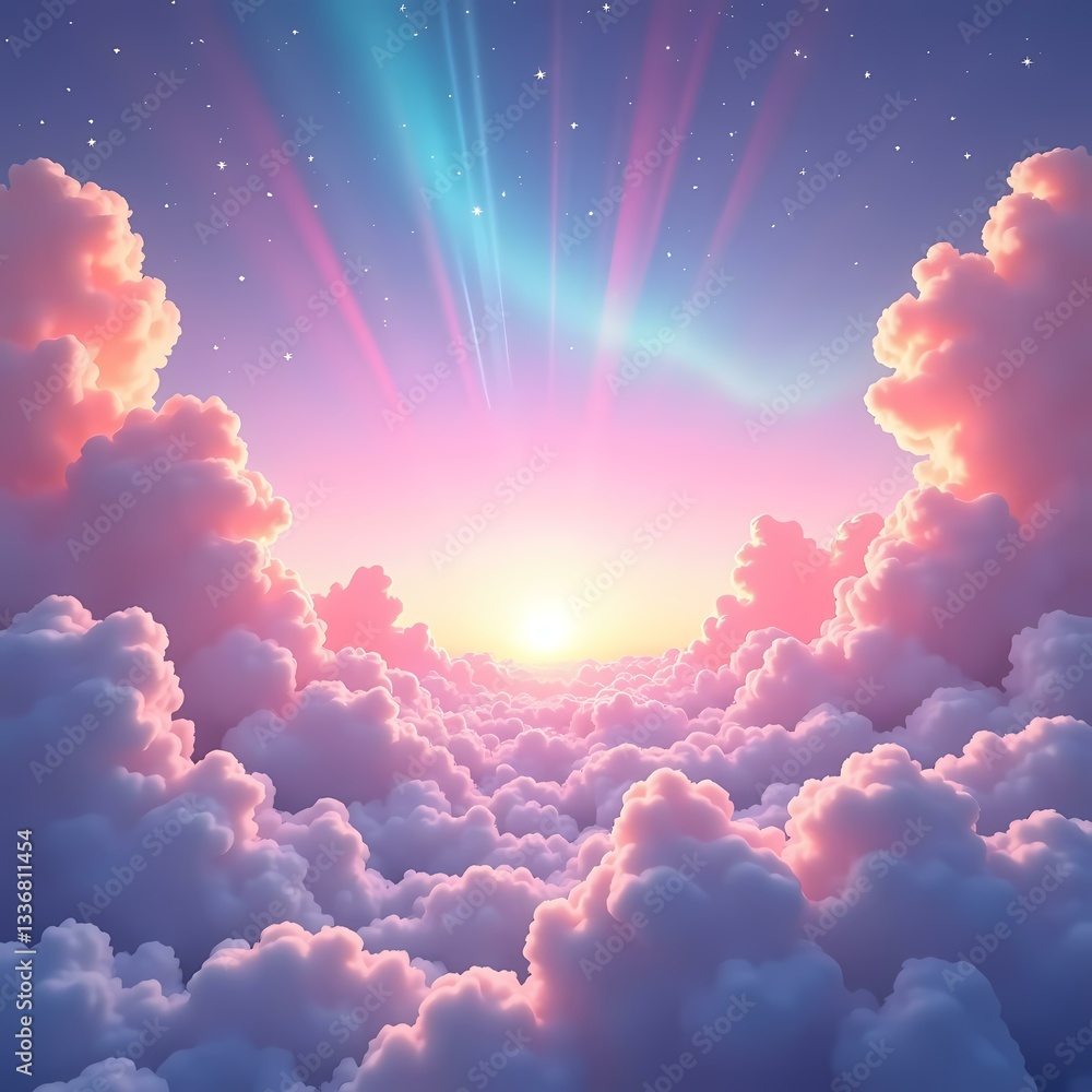 Poster Soft pink clouds blanket the sky as the sun rises, casting a warm glow across the horizon. This breathtaking view evokes a sense of tranquility and wonder in the early morning light Generative AI