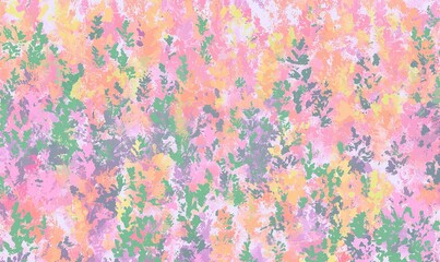 An abstract array of pastel foliage creates a soft, calming effect with pinks, greens, oranges, and purples