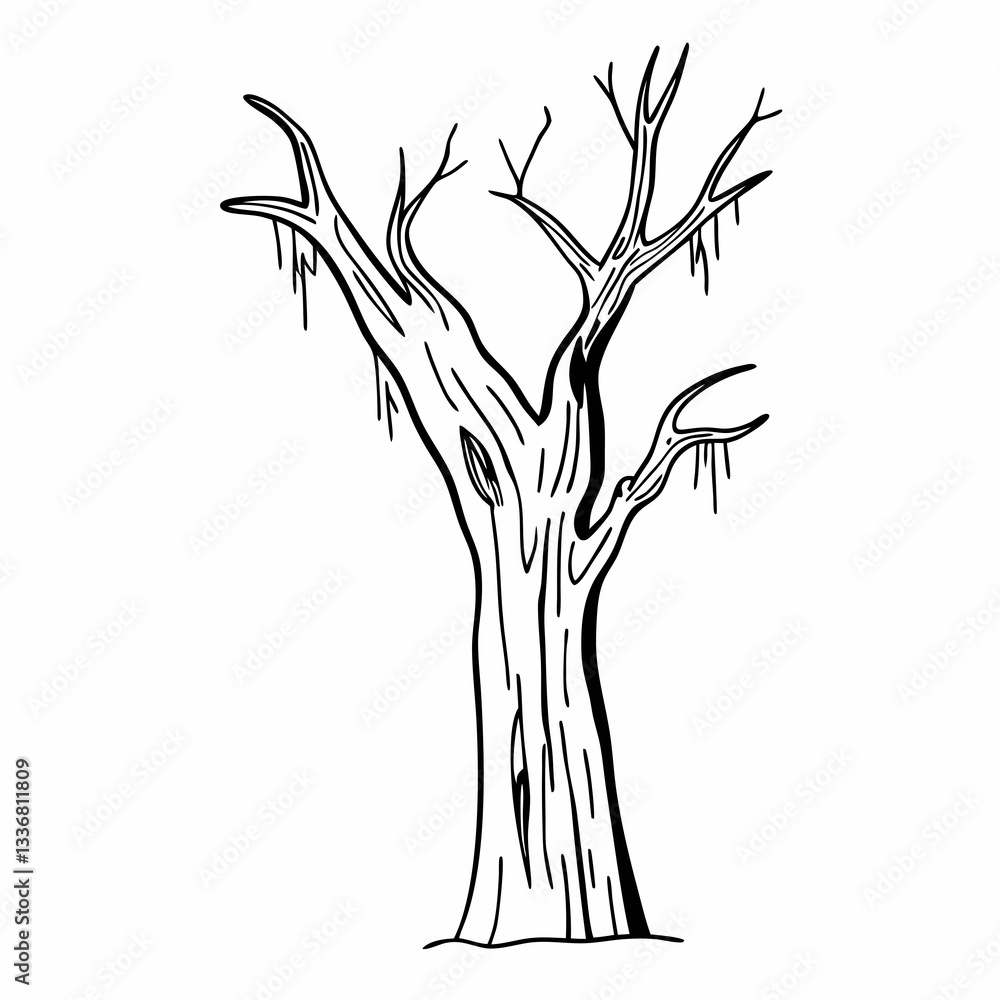 Poster a detailed illustration of a bare tree with a textured trunk and multiple branches. the tree appears