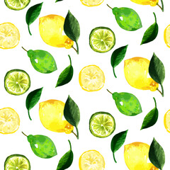 Hand-Drawn Watercolor Lemon and Lime Pattern with Green Leaves
