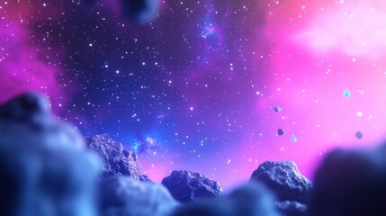 A vibrant cosmic scene featuring colorful nebulae and asteroids against a starry background.
