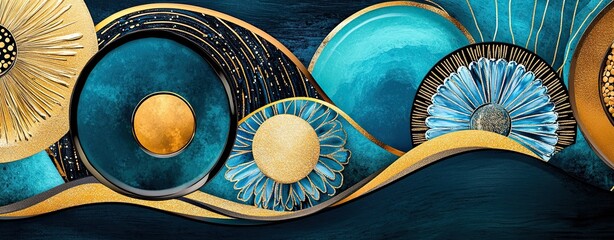 Maximalism, Abstract Circular Forms with Gold Accents in Turquoise and Blue Tones for Modern Decor