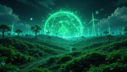 ESG diversity concept. A futuristic landscape featuring a glowing green dome and wind turbines, set in a lush, vibrant environment under a starry sky.