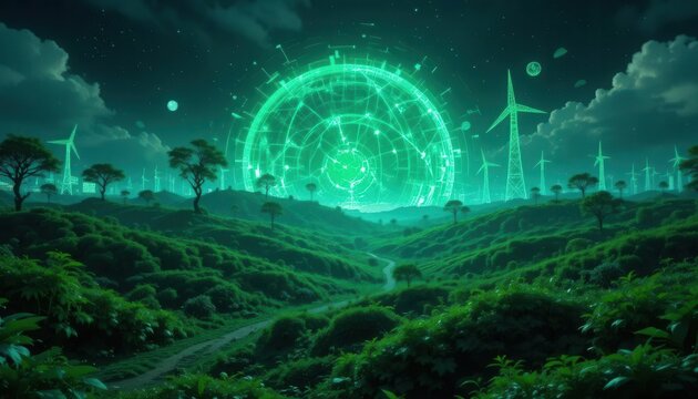 ESG diversity concept. A futuristic landscape featuring a glowing green dome and wind turbines, set in a lush, vibrant environment under a starry sky.