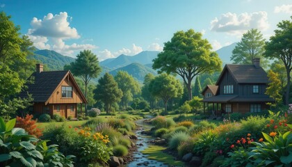 ESG diversity concept. A serene landscape featuring two charming cottages near a flowing stream, surrounded by lush greenery and majestic mountains under a bright blue sky.