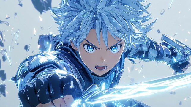 Fototapeta Determined anime boy wields glowing sword.