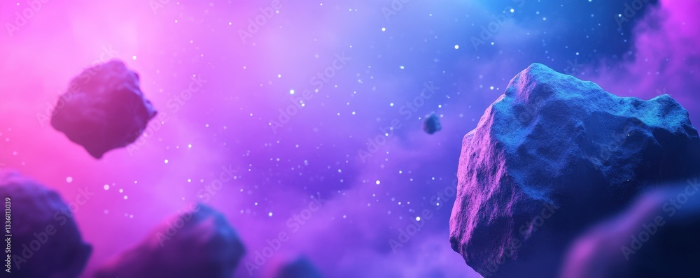 Poster a vibrant cosmic scene featuring colorful nebulae and asteroids floating in a starry space backgroun
