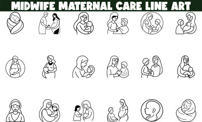 Midwife Maternal Care Line Art Pregnancy, Birth, Newborn Icons