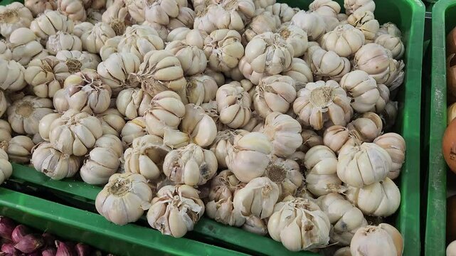 A pile of fresh garlic sits on a green basket at the market, showcasing its plump, white bulbs with papery skin. Perfect for food, farming, and culinary visuals