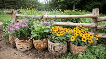 Colorful flower pots lined by a rustic wooden fence in a lush garden setting.