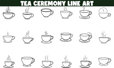 Tea Ceremony Line Art Cups, Steam, Beverage, Simple, Elegant, Design, Graphics, Illustration, Vector