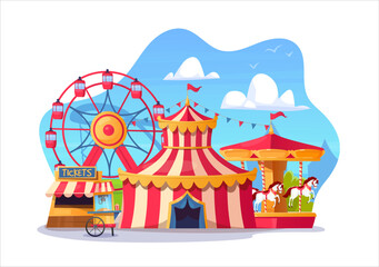 Colorful cartoon amusement park vector illustration with a ferris wheel, circus tent, carousel, and food stand on a sunny day. Colorful funfair with a ticket kiosk in a lively summer city landscape