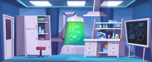 Professional laboratory interior featuring a modern chemical workspace with colorful liquids and scientific equipment. Cartoon style vector illustration.