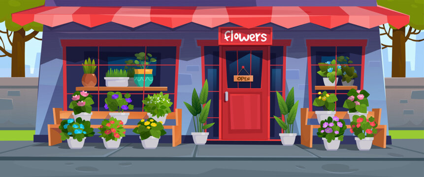 Charming flower shop storefront with colorful blooming plants and decorative pots. Cartoon vector illustration of local florist store, garden center, floral boutique and small business exterior.