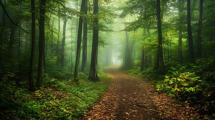 Obraz premium A misty woodland path winding through a dense forest, with the trees shrouded in fog and the ground covered in leaves