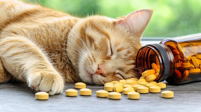 A sleeping orange cat rests beside spilled yellow pills from a bottle