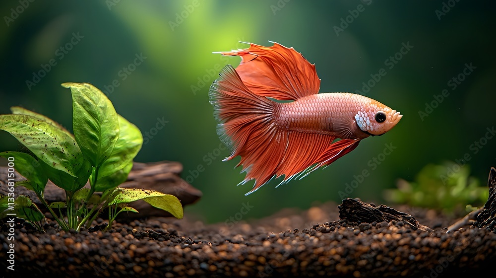 Poster captivating dragon scale betta fish with intricate iridescent patterns elegantly gliding through a t