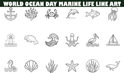 Fototapeta premium World Ocean Day Marine Life Line Art Icons Collection