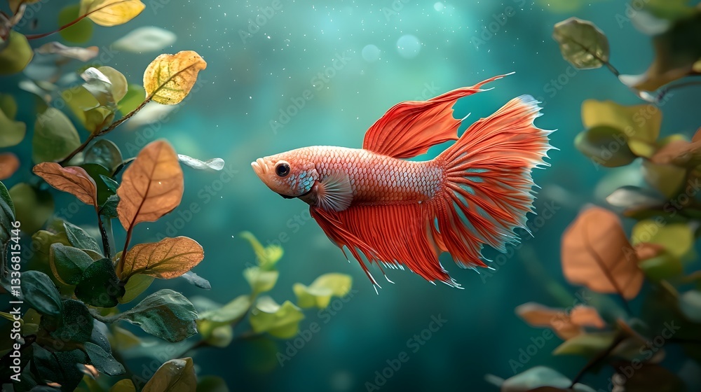 Poster mesmerizing betta fish with iridescent intricate scale patterns elegantly gliding through a minimali