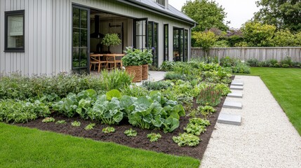 Naklejka premium Modern garden with lush greenery and patio, showcasing a peaceful outdoor space.