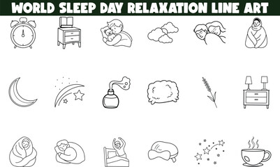 World Sleep Day Relaxation Line Art Icons for Restful Sleep