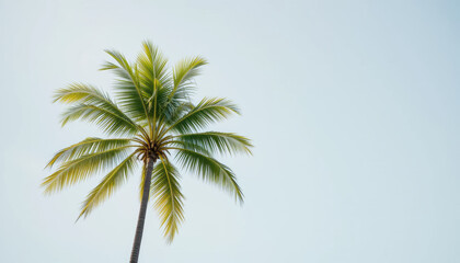 tall palm tree with vibrant green fronds stands against clear blue sky, evoking sense of tranquility and relaxation