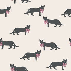 Cute black cats with pink ribbon bows hand drawn vector seamless pattern for textile, wrapping, scrapbook paper. Halloween wallpaper